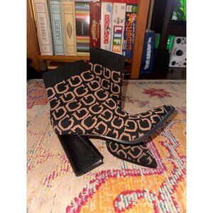 GUESS Brand Sock Heels Booties Black Brown Block Heel Slip On Womens Size W7